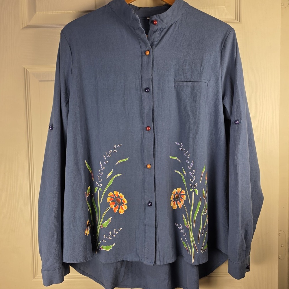 VTG‎ Women's XL Blue Floral Blouse High Collar Long RollUp Sleeves ButtonUp Art
